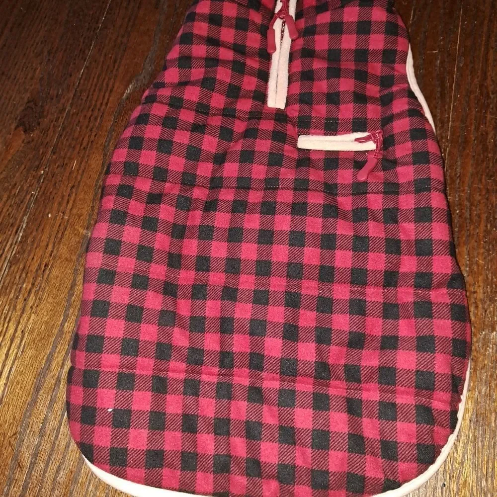 New Medium Red Knit Sweater Red Black Tan Buffalo Plaid Fleece Dog Jacket